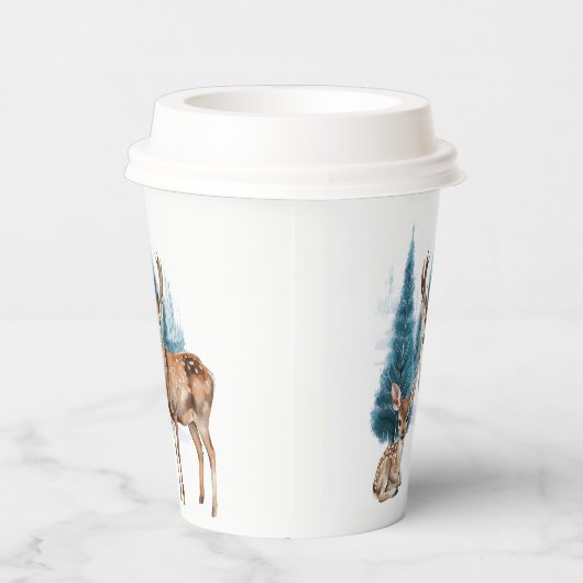 Deer and doe with snowy pine tree 紙コップ (右)