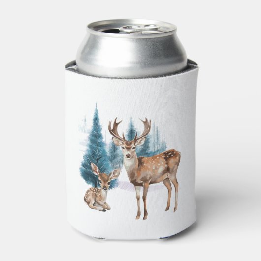 Deer and doe with snowy pine tree 缶クーラー (缶正面)