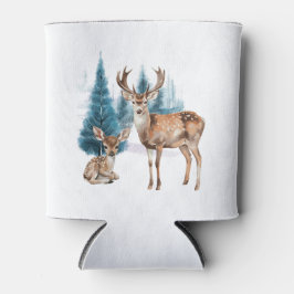 Deer and doe with snowy pine tree 缶クーラー