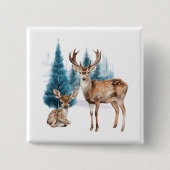 Deer and doe with snowy pine tree 缶バッジ (正面)