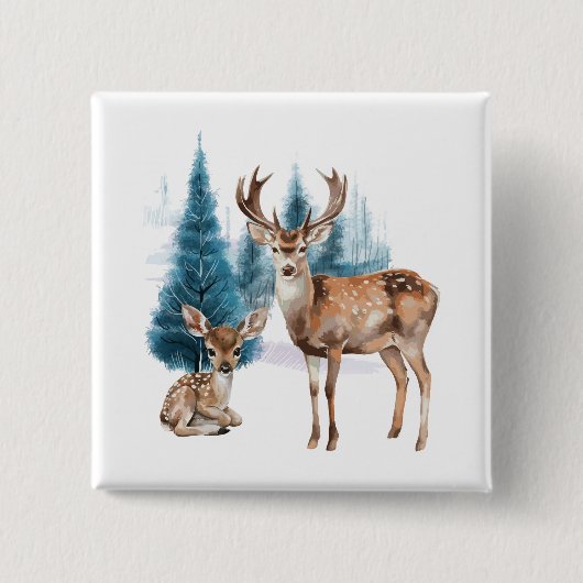 Deer and doe with snowy pine tree 缶バッジ (正面)