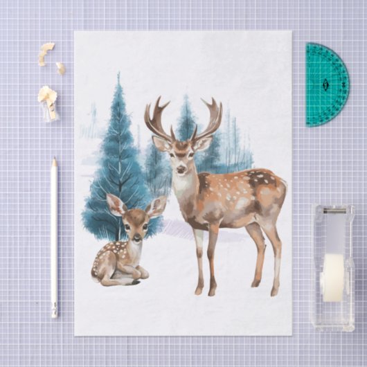 Deer and doe with snowy pine tree 薄葉紙 (クラフト)