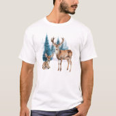 Deer and doe with snowy pine tree tシャツ (正面)
