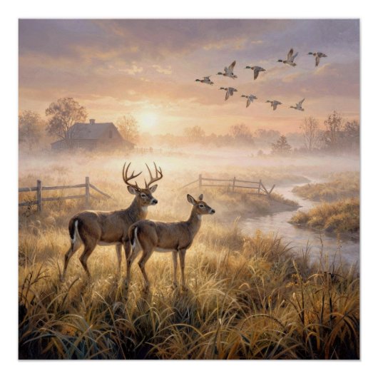 Deer and Ducks in Morning Mist ポスター (正面)