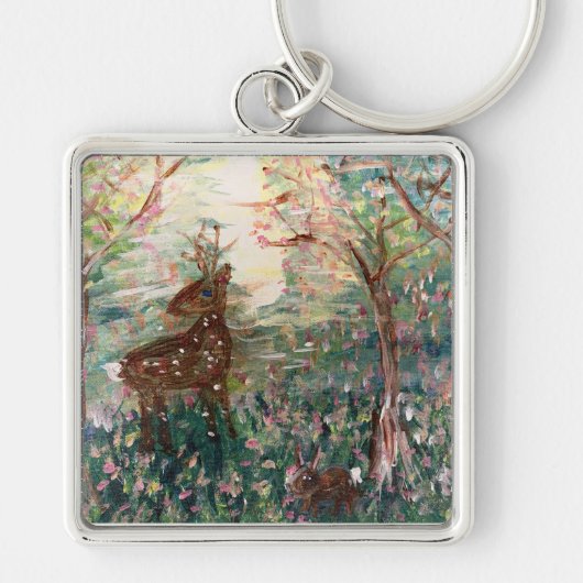 Deer and rabbit in the woods Keychain キーホルダー (正面)