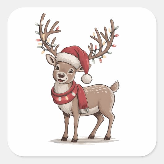 Deer Animal Christmas Deer Santa Hat Xmas  スクエアシール (正面)