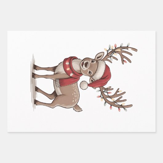 Deer Animal Christmas Deer Santa Hat Xmas  ラッピングペーパーシート (正面)