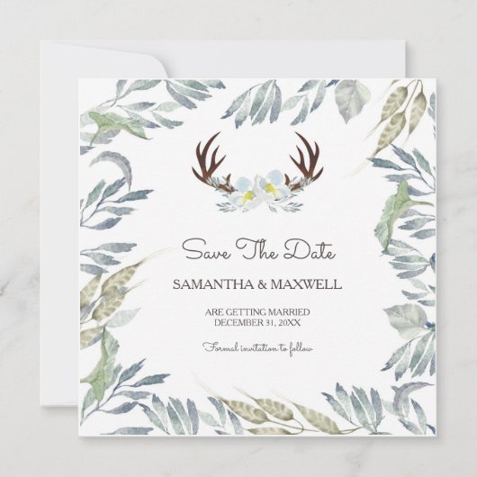 DEER ANTLERとGreenery日付を青で保存 招待状 (正面)