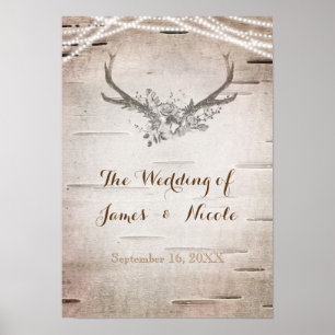 Deer Antlers & Birch Vintage Wedding Banner ポスター