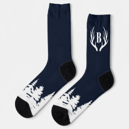 Deer Antlers Men's Crew Socks Blue and White ソックス