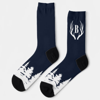 Deer Antlers Men's Crew Socks Blue and White ソックス