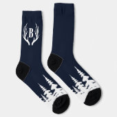 Deer Antlers Men's Crew Socks Blue and White ソックス (右)