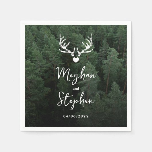 Deer Antlers Woodland Pine Tree Forest Wedding スタンダードカクテルナプキン (正面)