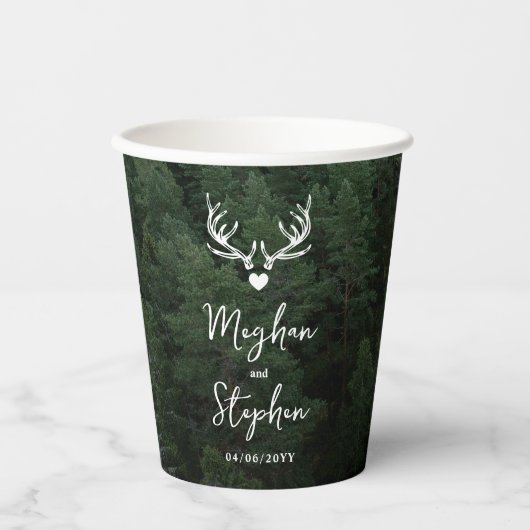 Deer Antlers Woodland Pine Tree Forest Wedding 紙コップ (正面)