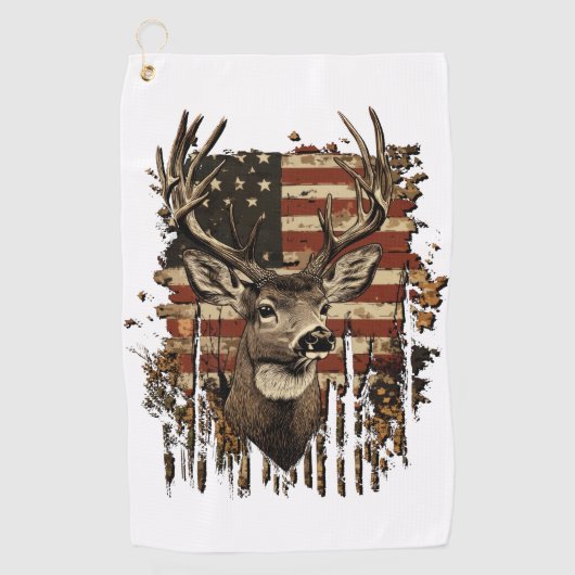 Deer, Buck Season USA Flag ゴルフタオル (正面)