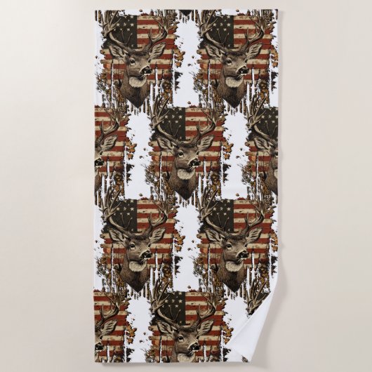 Deer, Buck Season USA Flag ビーチタオル (正面)