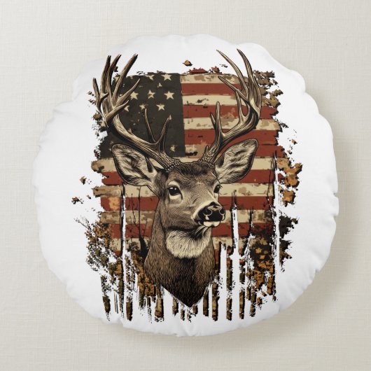 Deer, Buck Season USA Flag ラウンドクッション (正面)