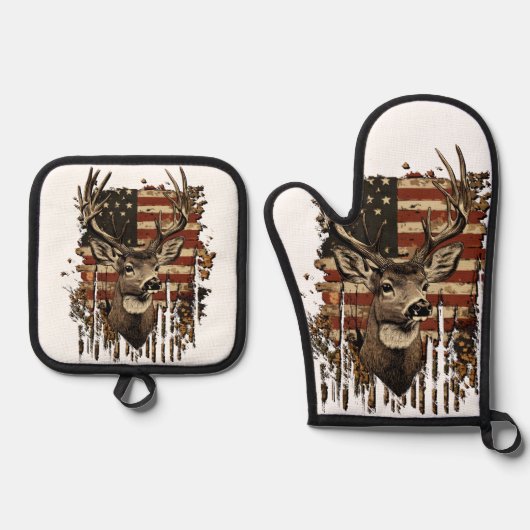 Deer, Buck Season USA Flag 鍋つかみ&鍋敷きセット (正面)