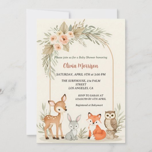 Deer, Bunny, Fox & Owl  Floral Arch Baby Shower 招待状 (正面)