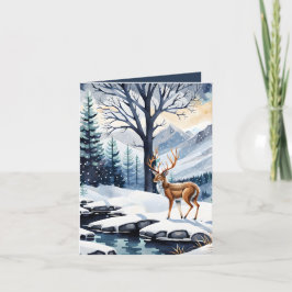 Deer by the Snowy Lake折り畳み写真クリスマスカード シーズンカード