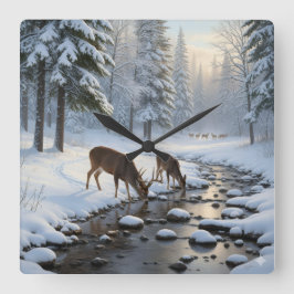 Deer drinking from a snow covered brook -  スクエア壁時計