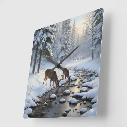 Deer drinking from a snow covered brook -  スクエア壁時計 (傾斜)