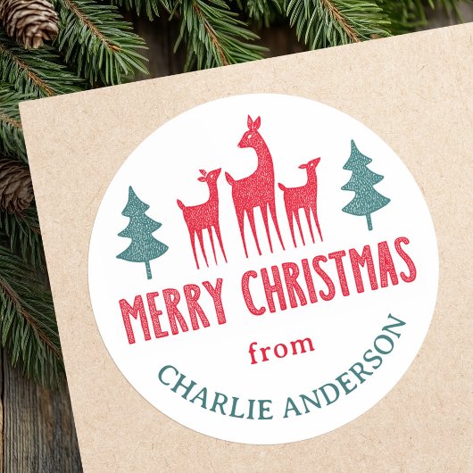 Deer family Merry Christmas from name gift labels ラウンドシール