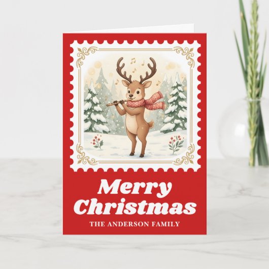 Deer Flute Retro Postage Stamp Christmas Music シーズンカード (正面)