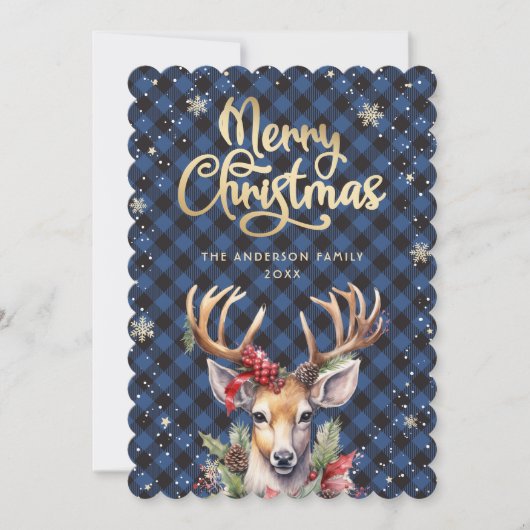 Deer Holly Red Berries Snowflakes Christmas Card シーズンカード (正面)