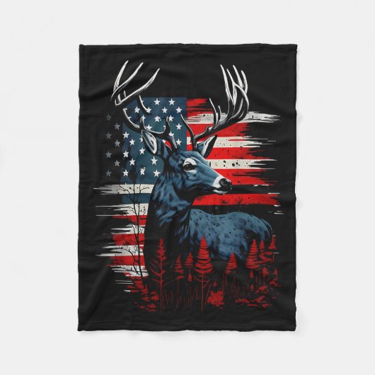 Deer Hunting American Flag Whitetail Buck Antlers フリースブランケット (正面)