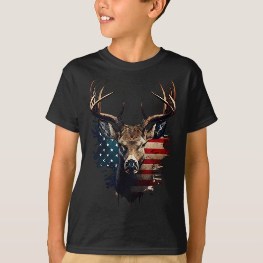 Deer Hunting American Flag Whitetail Buck Antlers  Tシャツ (正面)