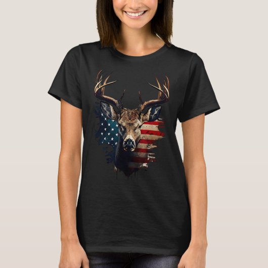 Deer Hunting American Flag Whitetail Buck Antlers  Tシャツ (正面)