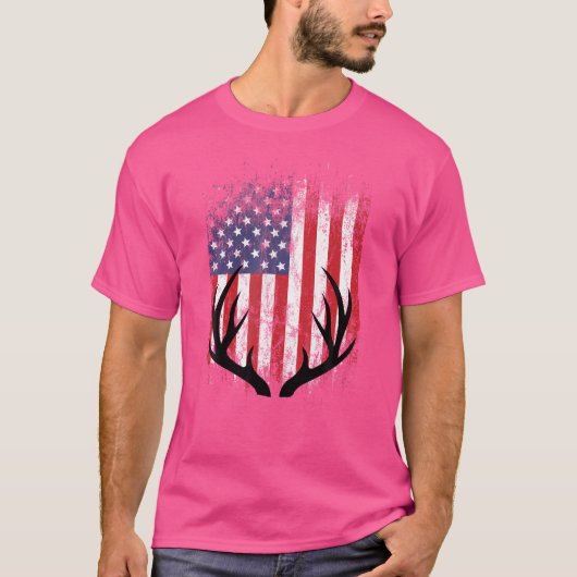 Deer Hunting American Flag Whitetail Buck Antlers Tシャツ (正面)
