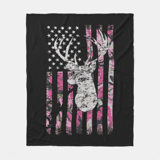 Deer Hunting Camo American Flag Pink Buck  フリースブランケット (正面)