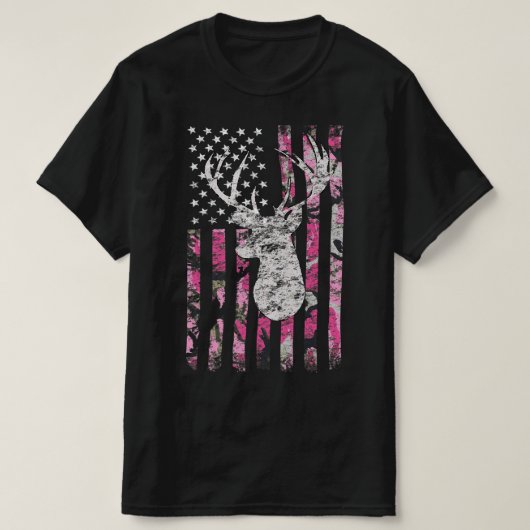 Deer Hunting Camo American Flag Pink Buck  Tシャツ (デザイン正面)