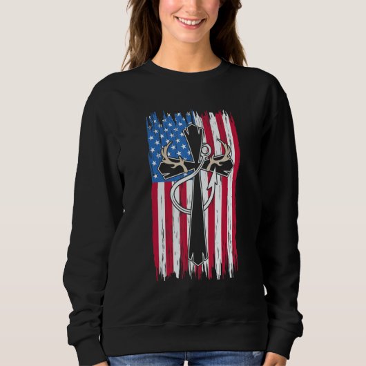Deer Hunting Hunter Us Flag Deer Hunting & Fishin スウェットシャツ (正面)