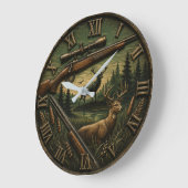 Deer Hunting Rustic Rifle & Whitetail Buck ラージ壁時計 (傾斜)