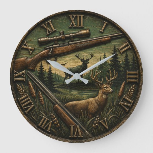Deer Hunting Rustic Rifle & Whitetail Buck ラージ壁時計 (正面)