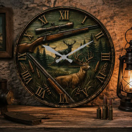 Deer Hunting Rustic Rifle & Whitetail Buck ラージ壁時計