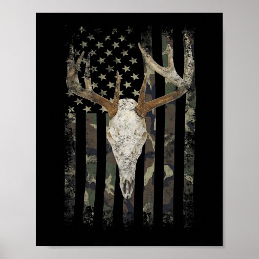 Deer Hunting Skull American Camo USA Flag Whitetai ポスター (正面)