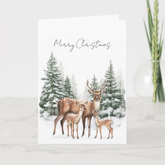 Deer in Snow Christmas Pine Trees カード (正面)