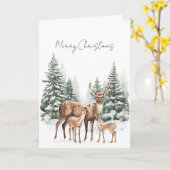 Deer in Snow Christmas Pine Trees カード (黄色い花)