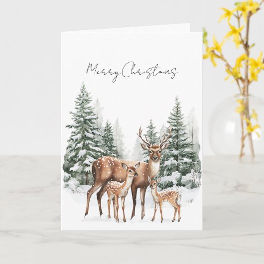 Deer in Snow Christmas Pine Trees カード (黄色い花)