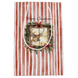 Deer in Window Red Stripes Bows Christmas ミディアムペーパーバッグ