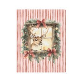 Deer in Window Red Stripes Bows Christmas メタルプリント
