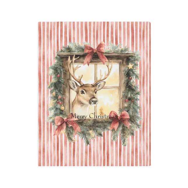 Deer in Window Red Stripes Bows Christmas メタルプリント (正面)