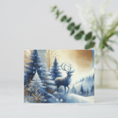 Deer in winter forest blue & gold design postcard ポストカード (スタンド正面)