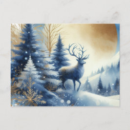 Deer in winter forest blue & gold design postcard ポストカード