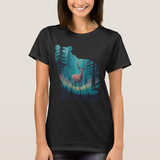 Deer Inside Bear Silhouette Nature Wildlife Forest Tシャツ (正面)