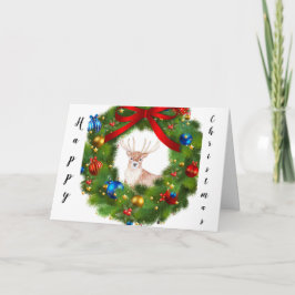 Deer looking through a Christmas Wreath サンキューカード